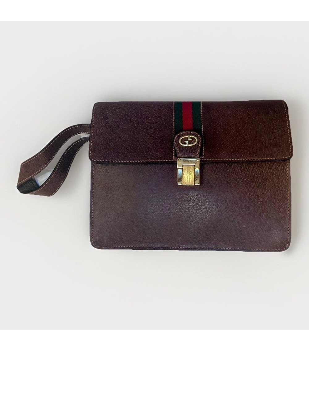 Vintage GUCCI Sherry Brown Pigskin Leather Green & Red Web Stripe Wristlet